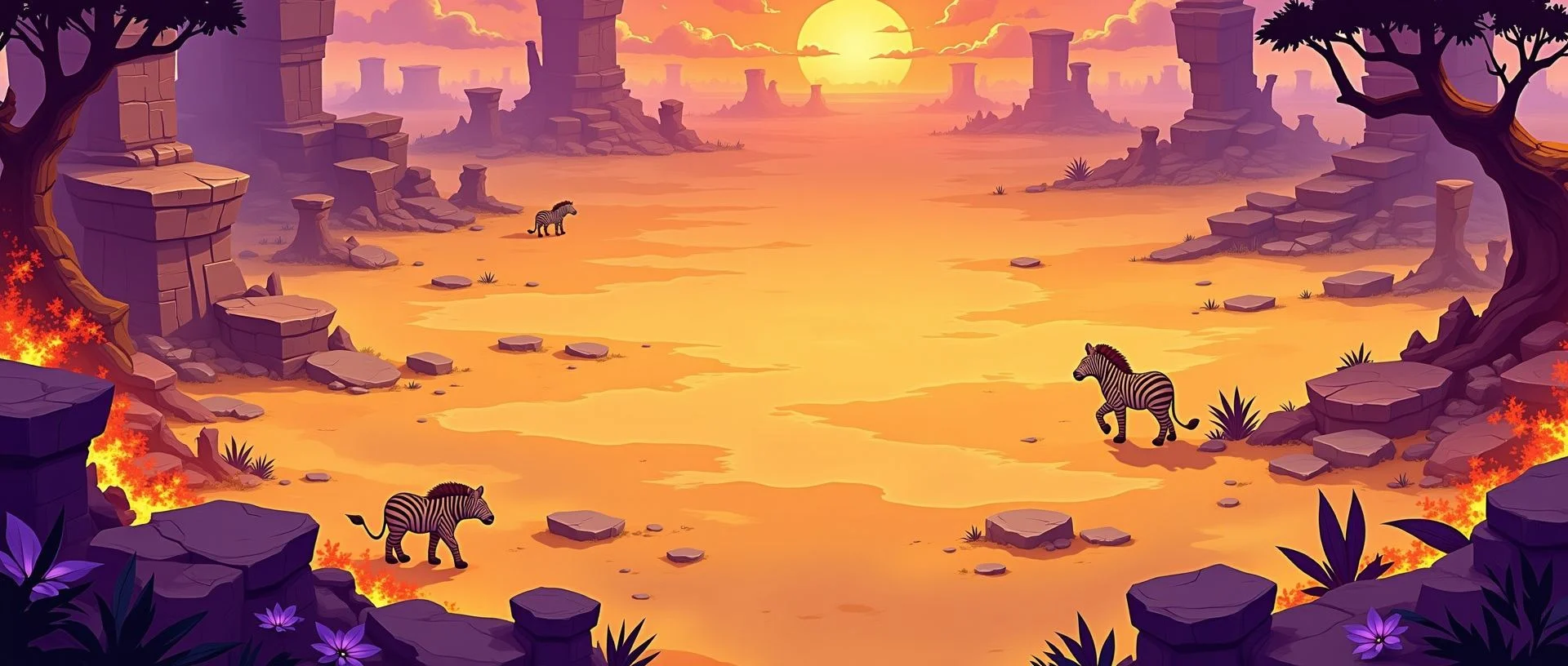 African Coalition hero banner — savanna at sunset: zebras among ruined columns, brushfire smoldering at the edges