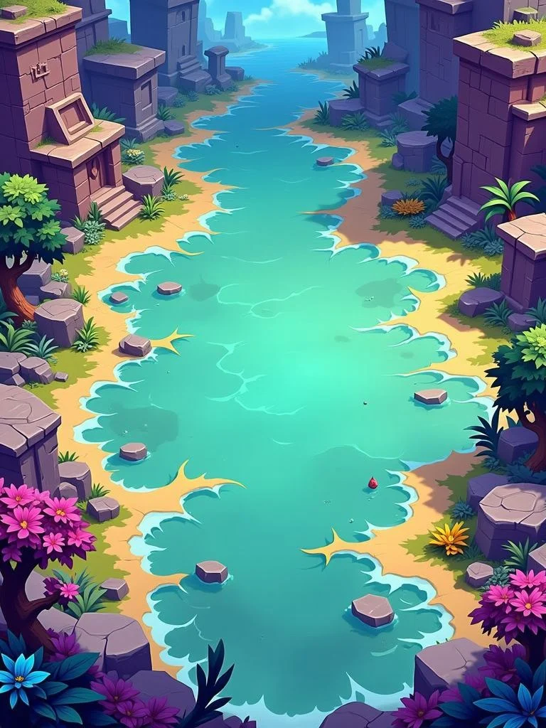 Amadou Diarra's ground — a turquoise oasis river running between temple ruins and flowering banks