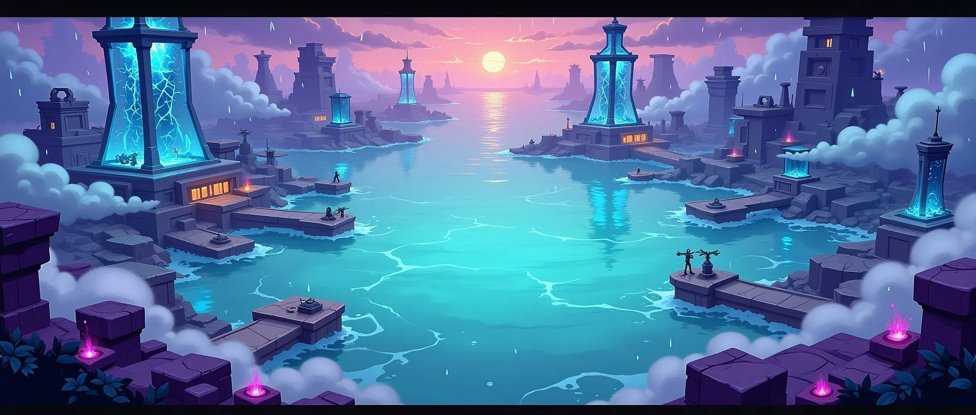 Federation of the Americas hero banner — flooded coastal metropolis with glowing energy towers over turquoise water at sunset