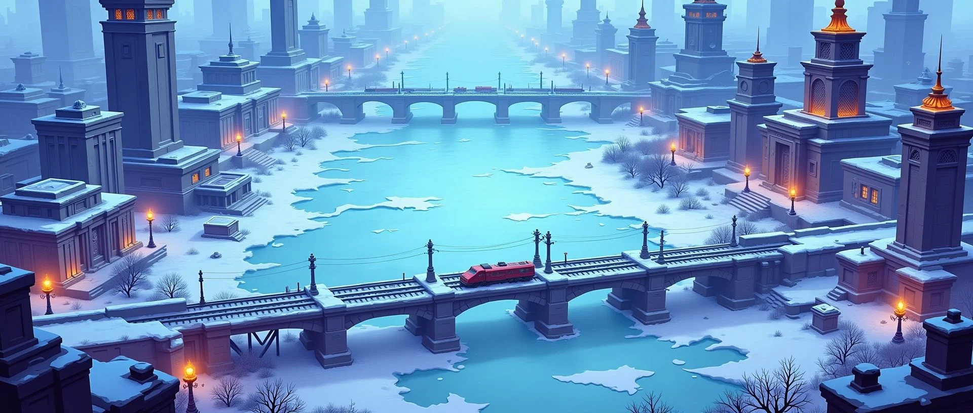 Eurasian Union hero banner — rail arc and brutalism over frozen river