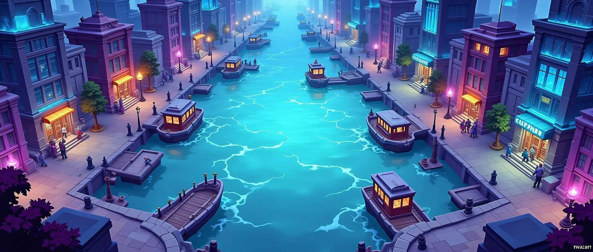 European Federation hero banner — canal city at night: lit trade barges between rows of neon storefronts and street lamps