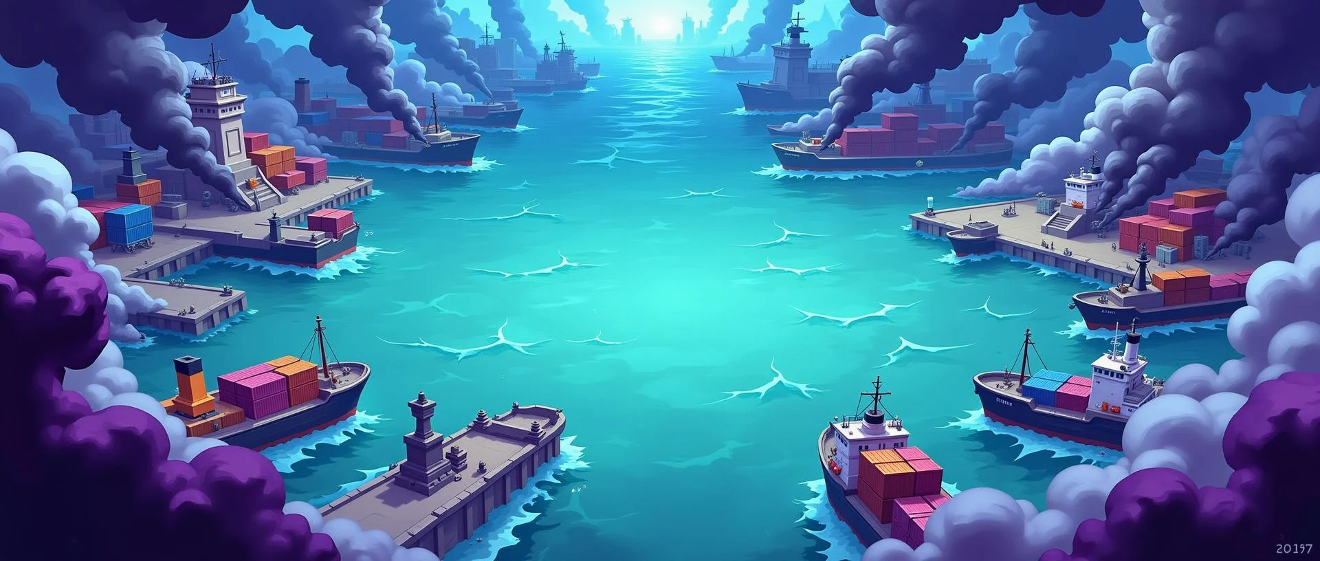 Pacific Union hero banner — harbor under smoke: container ships and warships between piers over a turquoise sea