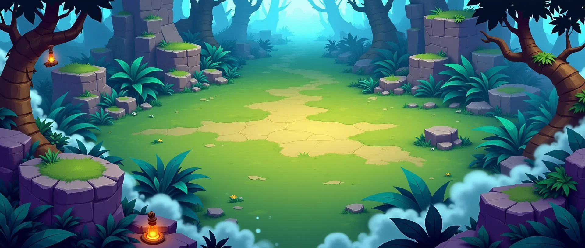 South American Coalition hero banner — a clearing in misty jungle: mossy stones, ferns, and a lone torch at the edge