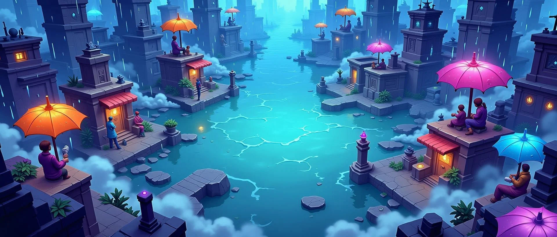 South Asian Alliance hero banner — monsoon-flooded city: residents under bright umbrellas on rooftops above turquoise water